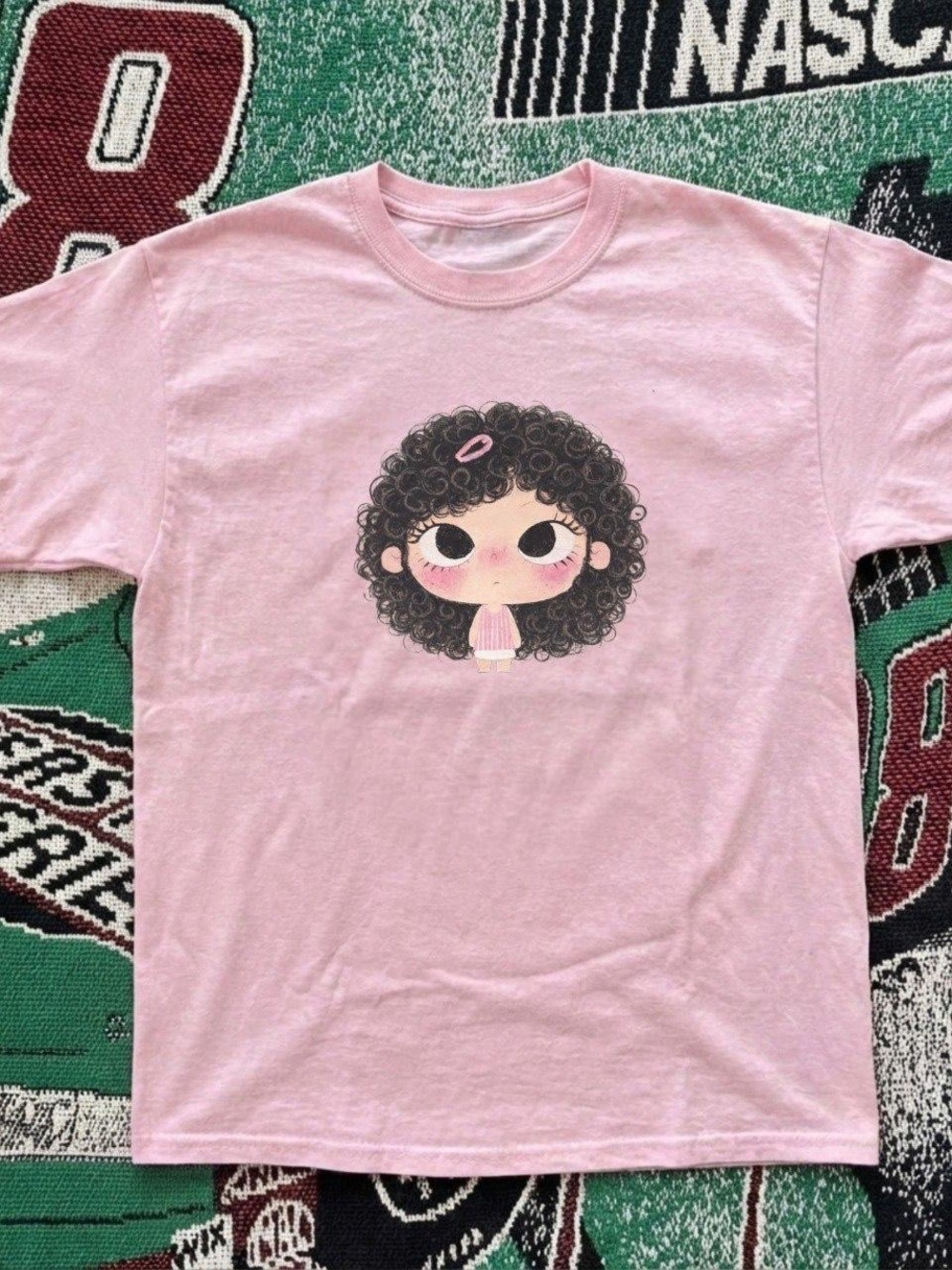 Gildan Pink Graphic Tee with Curly Girl Illustration